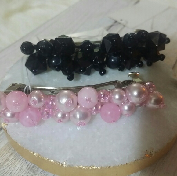 Set of Pink & Black Pearl Barrettes - Picture 1 of 3